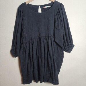 FP Beach Dress Women Small Black Crinkle Trapeze Swing 3/4 Sleeve Pockets Casual
